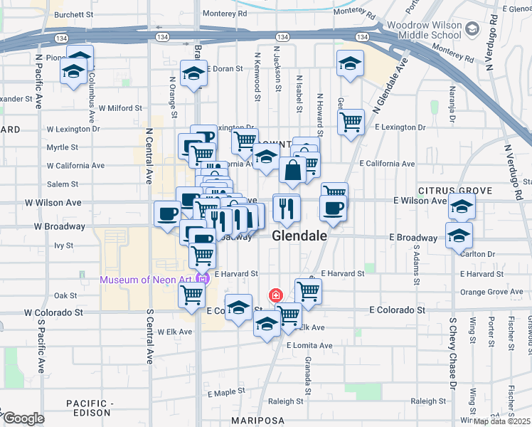 map of restaurants, bars, coffee shops, grocery stores, and more near 134 North Kenwood Street in Glendale
