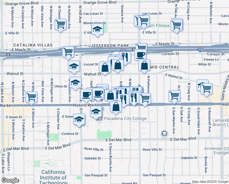 map of restaurants, bars, coffee shops, grocery stores, and more near 78 North Sierra Bonita Avenue in Pasadena