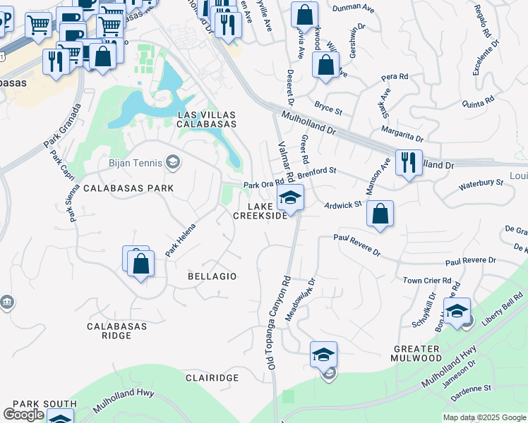 map of restaurants, bars, coffee shops, grocery stores, and more near 4303 Park Paloma in Calabasas