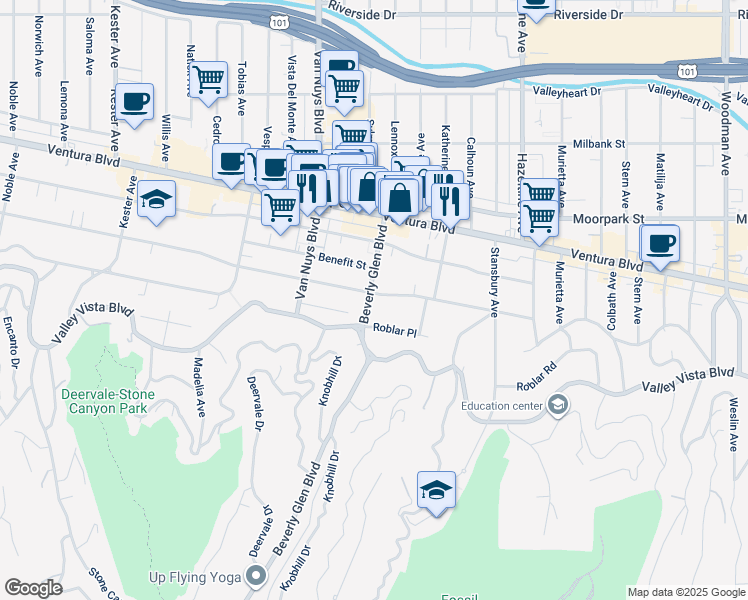 map of restaurants, bars, coffee shops, grocery stores, and more near 14356 Greenleaf Street in Los Angeles