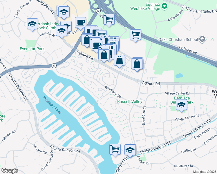 map of restaurants, bars, coffee shops, grocery stores, and more near 1202 Landsburn Circle in Westlake Village