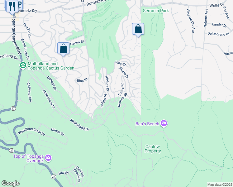 map of restaurants, bars, coffee shops, grocery stores, and more near 21024 Topochico Drive in Los Angeles