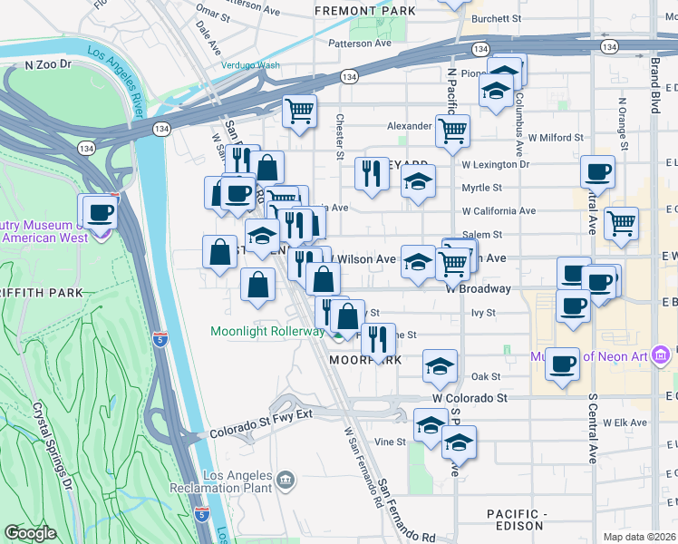 map of restaurants, bars, coffee shops, grocery stores, and more near 700 West Wilson Avenue in Glendale