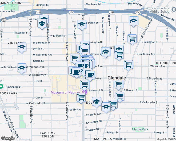 map of restaurants, bars, coffee shops, grocery stores, and more near 115 North Maryland Avenue in Glendale