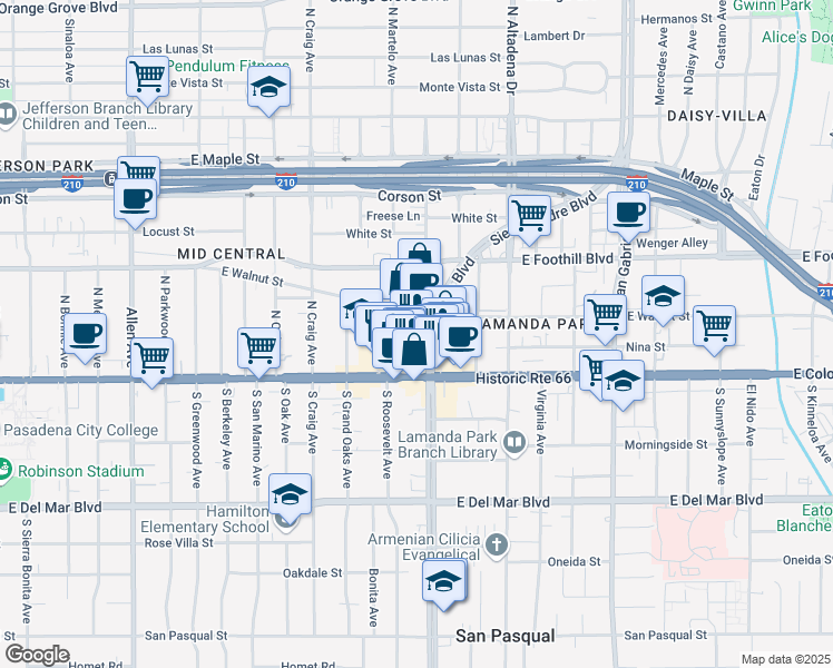 map of restaurants, bars, coffee shops, grocery stores, and more near 2355 East Colorado Boulevard in Pasadena