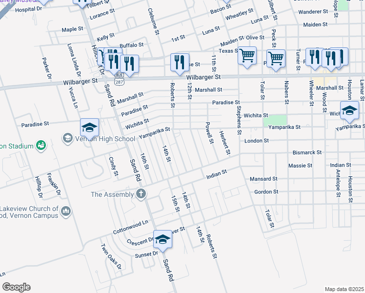 map of restaurants, bars, coffee shops, grocery stores, and more near 2226 12th Street in Vernon