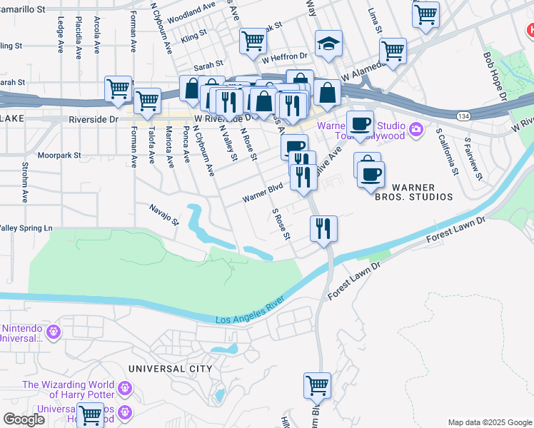 map of restaurants, bars, coffee shops, grocery stores, and more near 4211 West Toluca Lake Lane in Burbank