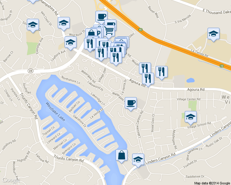map of restaurants, bars, coffee shops, grocery stores, and more near 1202 Landsburn Circle in Westlake Village