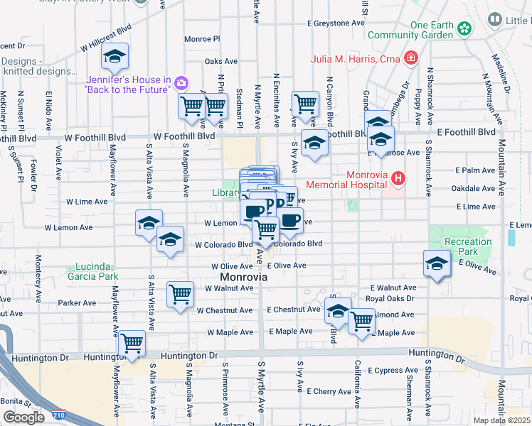 map of restaurants, bars, coffee shops, grocery stores, and more near 416 South Myrtle Avenue in Monrovia