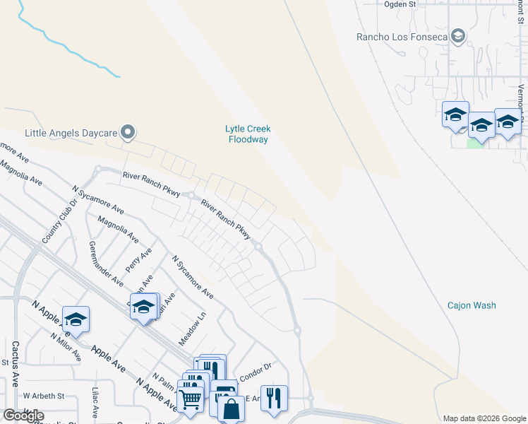 map of restaurants, bars, coffee shops, grocery stores, and more near 355 E Country Club Dr in Rialto