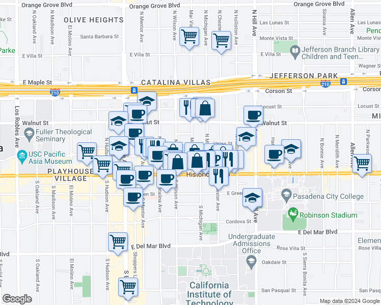 map of restaurants, bars, coffee shops, grocery stores, and more near 85 Mar Vista Avenue in Pasadena