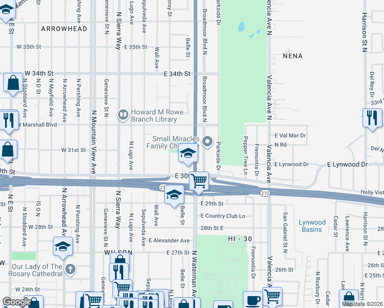 map of restaurants, bars, coffee shops, grocery stores, and more near 3088 North Waterman Avenue in San Bernardino