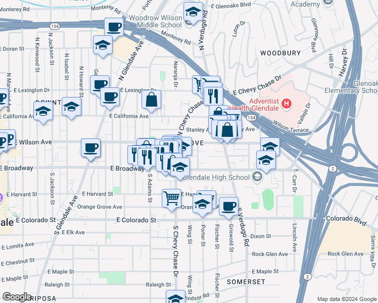 map of restaurants, bars, coffee shops, grocery stores, and more near 135 1/2 Olive Street in Glendale