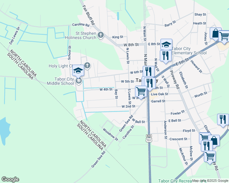 map of restaurants, bars, coffee shops, grocery stores, and more near 205 West 4th Street in Tabor City
