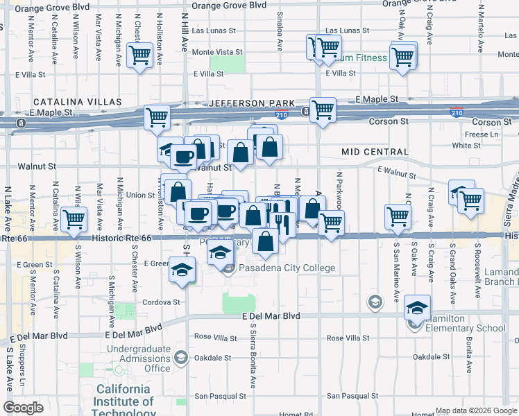 map of restaurants, bars, coffee shops, grocery stores, and more near 81 North Sierra Bonita Avenue in Pasadena