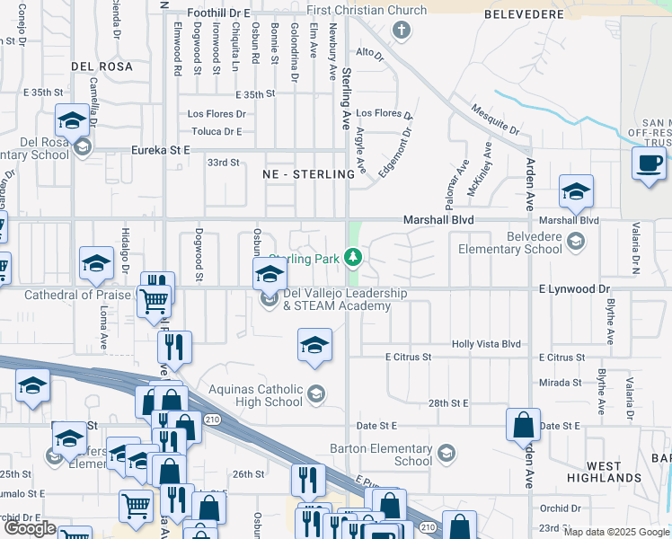 map of restaurants, bars, coffee shops, grocery stores, and more near 1974 East Lynwood Drive in San Bernardino
