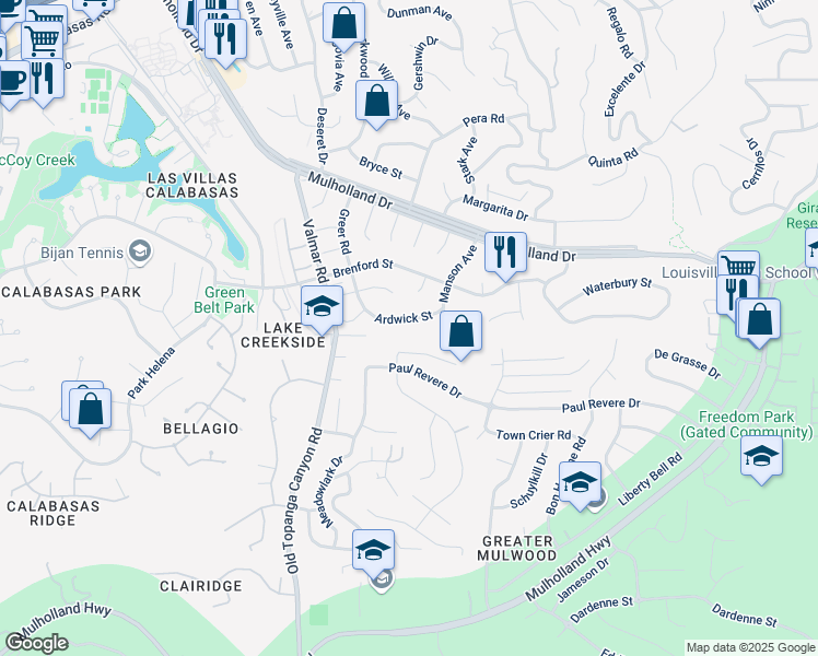 map of restaurants, bars, coffee shops, grocery stores, and more near 22924 Ardwick Street in Los Angeles