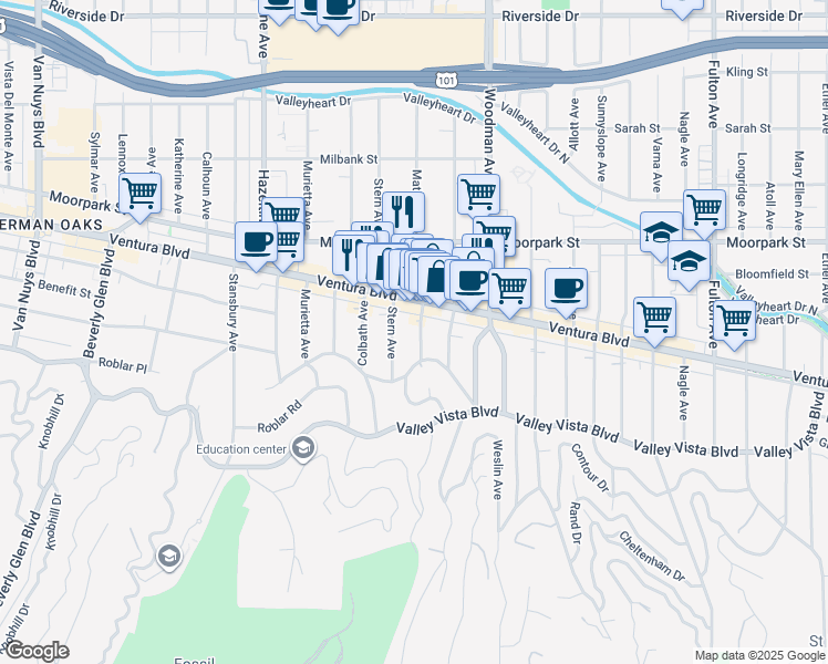 map of restaurants, bars, coffee shops, grocery stores, and more near 4233 Matilija Avenue in Los Angeles