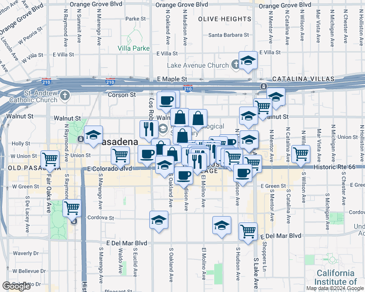 map of restaurants, bars, coffee shops, grocery stores, and more near 85 North Madison Avenue in Pasadena