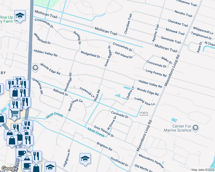 map of restaurants, bars, coffee shops, grocery stores, and more near 5117 Laurenbridge Lane in Wilmington