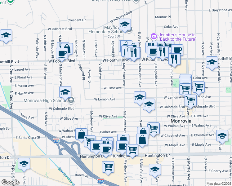 map of restaurants, bars, coffee shops, grocery stores, and more near 569 W Lemon Ave in Monrovia
