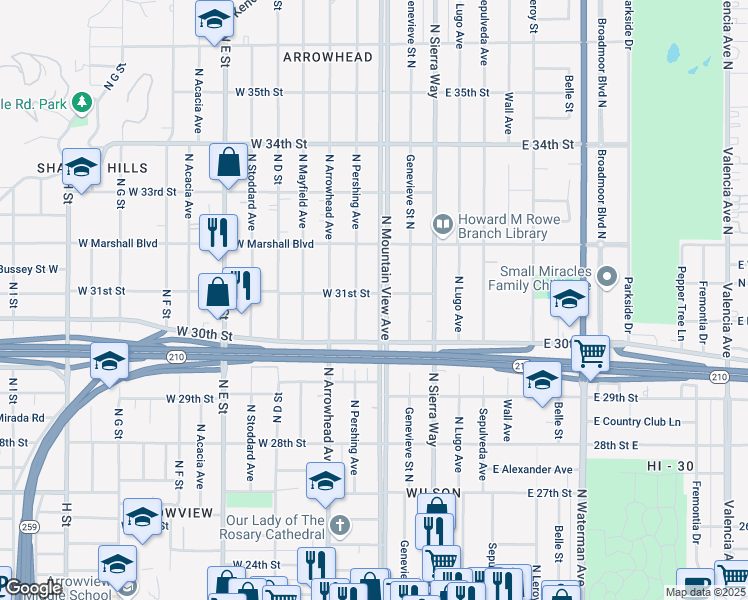 map of restaurants, bars, coffee shops, grocery stores, and more near 3088 North Mountain View Avenue in San Bernardino
