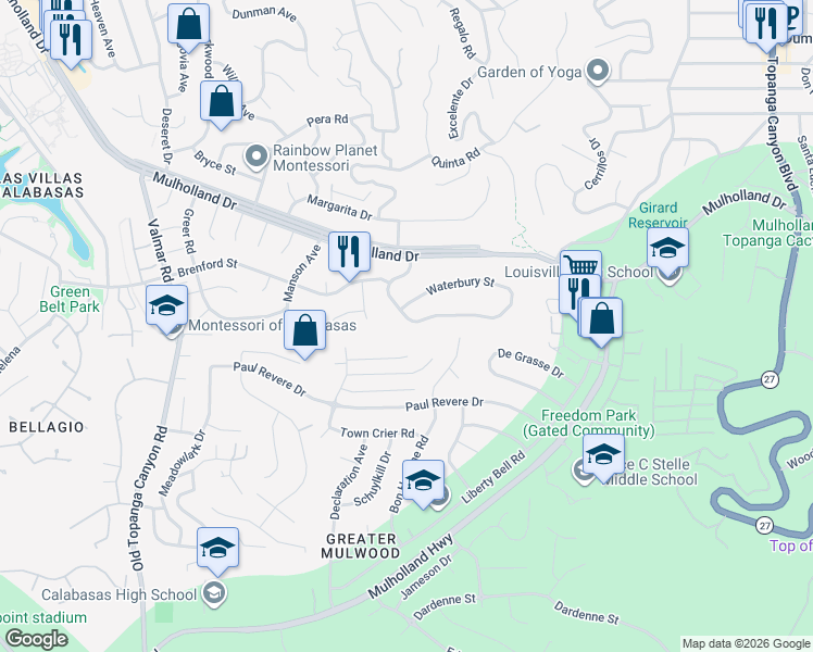 map of restaurants, bars, coffee shops, grocery stores, and more near 22668 Flamingo Street in Los Angeles