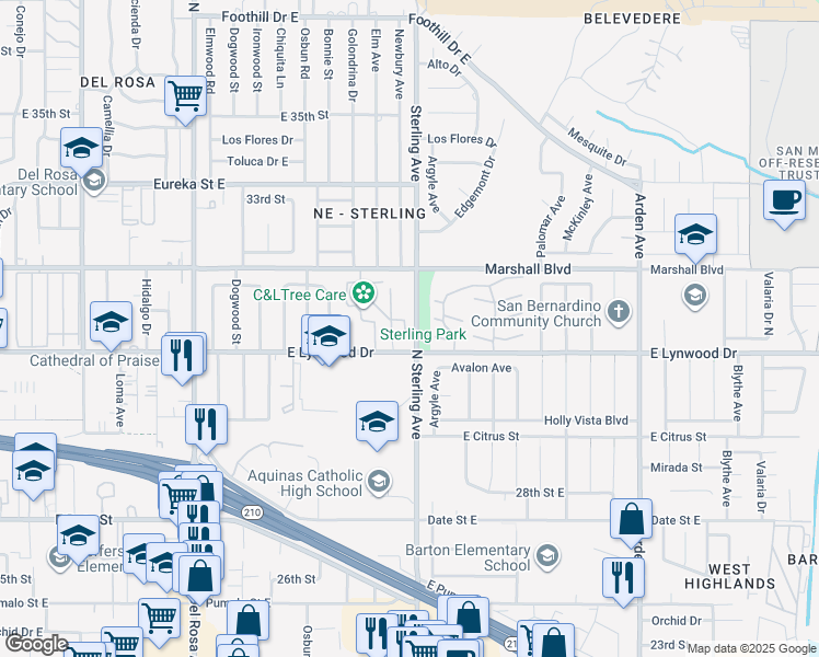 map of restaurants, bars, coffee shops, grocery stores, and more near 1974 East Lynwood Drive in San Bernardino