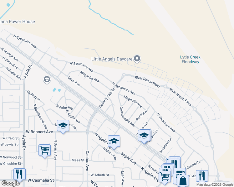map of restaurants, bars, coffee shops, grocery stores, and more near 5830 Geremander Avenue in Rialto