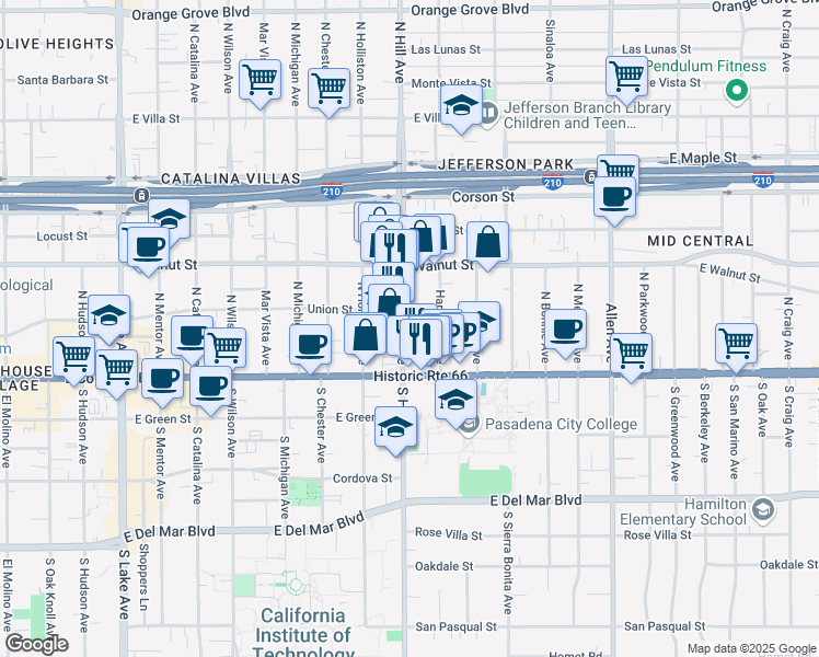 map of restaurants, bars, coffee shops, grocery stores, and more near 86 North Hill Avenue in Pasadena