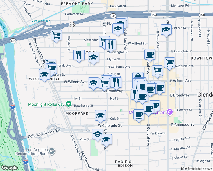 map of restaurants, bars, coffee shops, grocery stores, and more near in Glendale