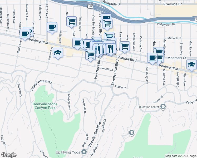 map of restaurants, bars, coffee shops, grocery stores, and more near 14467 Dunbar Place in Los Angeles