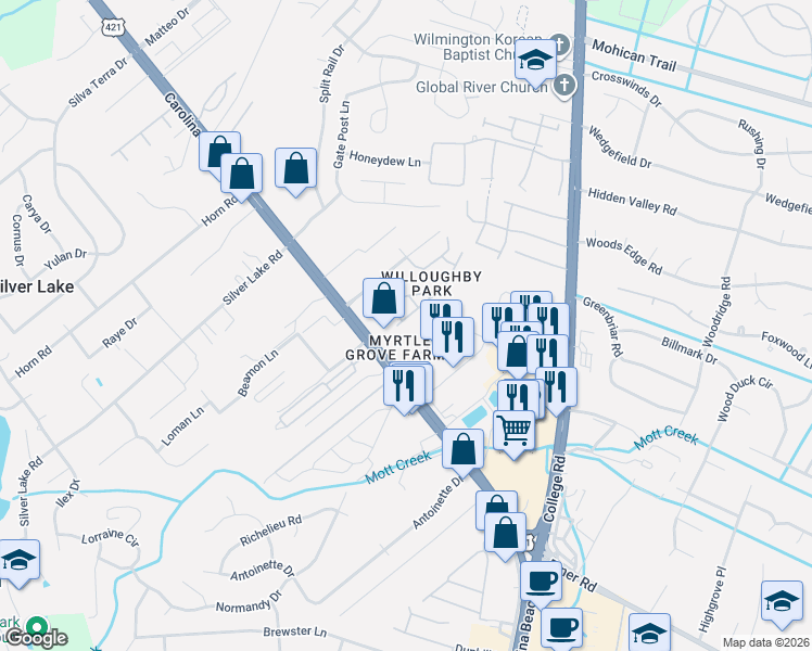 map of restaurants, bars, coffee shops, grocery stores, and more near 5111 Carolina Beach Road in Wilmington