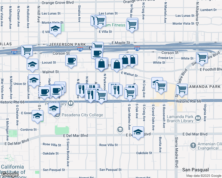 map of restaurants, bars, coffee shops, grocery stores, and more near 83 North Greenwood Avenue in Pasadena