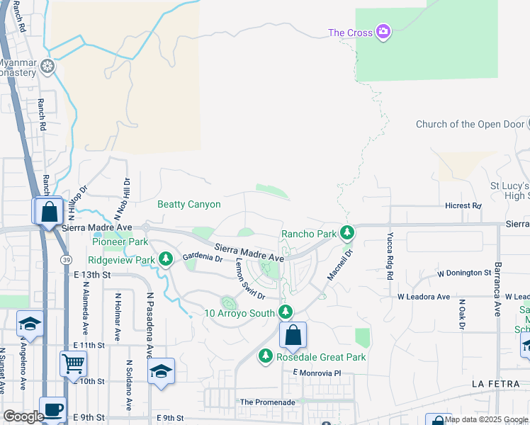 map of restaurants, bars, coffee shops, grocery stores, and more near 737 Orange Blossom Way in Azusa
