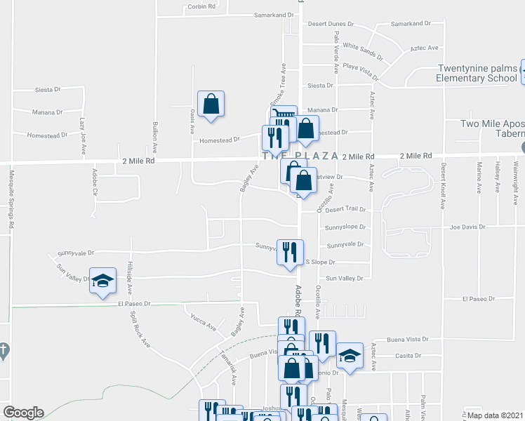 map of restaurants, bars, coffee shops, grocery stores, and more near 73590 Sunnyslope Drive in Twentynine Palms