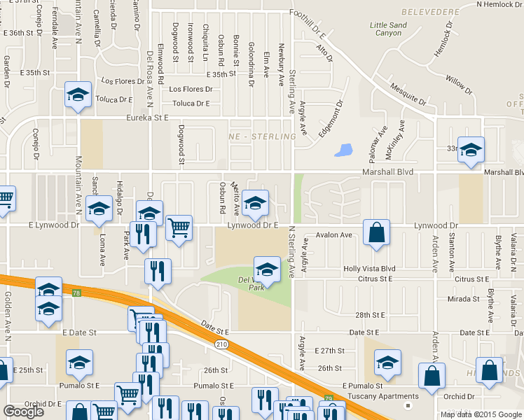 map of restaurants, bars, coffee shops, grocery stores, and more near 1900 East Lynwood Drive in San Bernardino