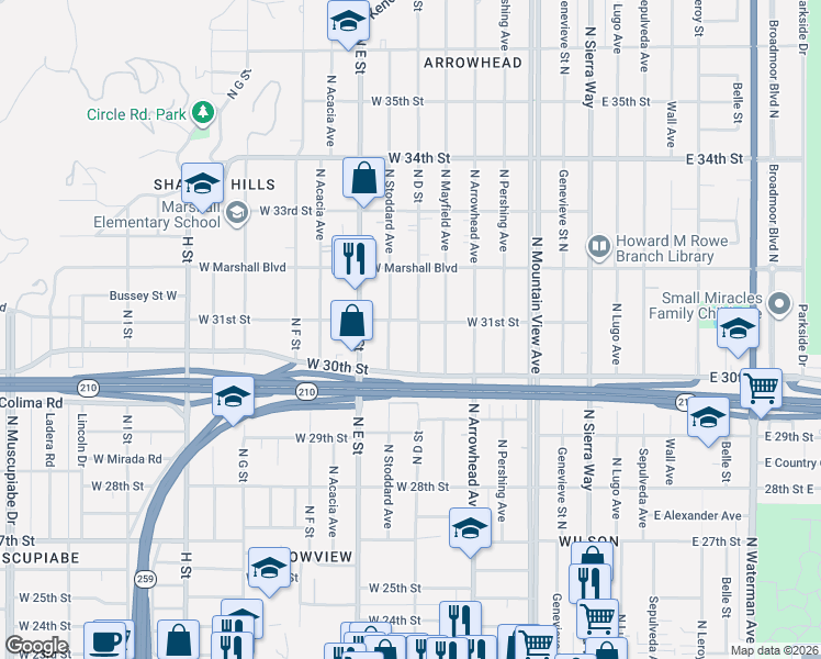 map of restaurants, bars, coffee shops, grocery stores, and more near 3087 North Stoddard Avenue in San Bernardino