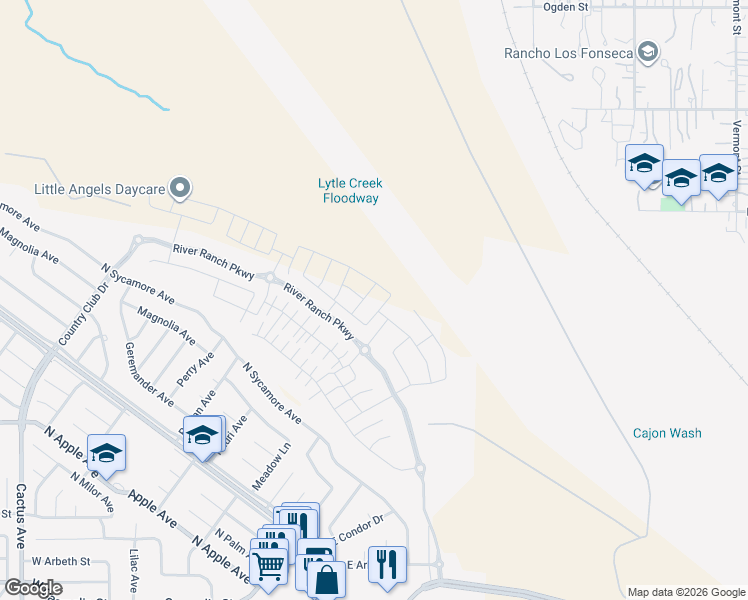 map of restaurants, bars, coffee shops, grocery stores, and more near 355 E Country Club Dr in Rialto