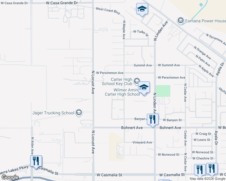 map of restaurants, bars, coffee shops, grocery stores, and more near 2640 North Phil Ochs Avenue in Rialto