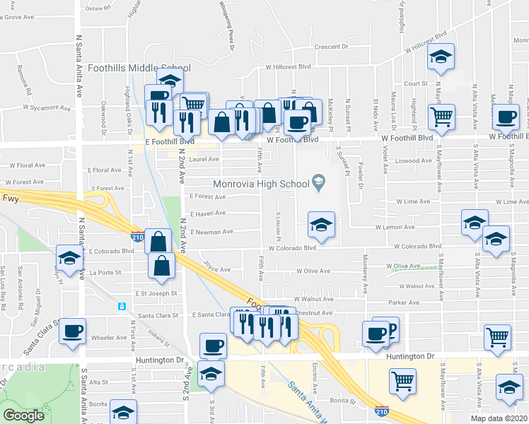 map of restaurants, bars, coffee shops, grocery stores, and more near 337 South Lincoln Place in Monrovia