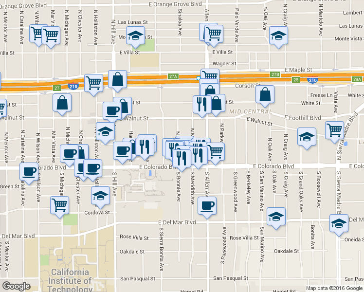 map of restaurants, bars, coffee shops, grocery stores, and more near 77 North Bonnie Avenue in Pasadena
