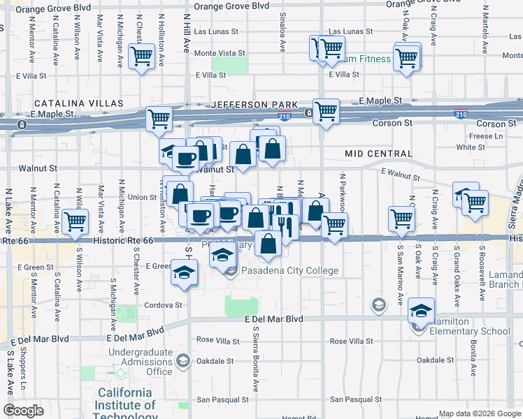 map of restaurants, bars, coffee shops, grocery stores, and more near 81 North Sierra Bonita Avenue in Pasadena