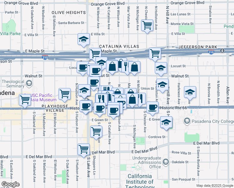 map of restaurants, bars, coffee shops, grocery stores, and more near 87 North Wilson Avenue in Pasadena