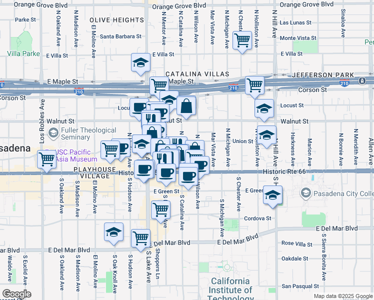 map of restaurants, bars, coffee shops, grocery stores, and more near in Pasadena