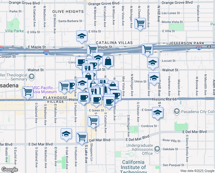 map of restaurants, bars, coffee shops, grocery stores, and more near in Pasadena