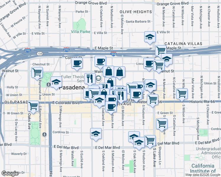 map of restaurants, bars, coffee shops, grocery stores, and more near in Pasadena