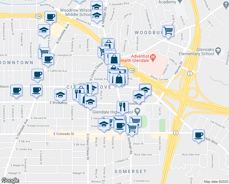 map of restaurants, bars, coffee shops, grocery stores, and more near 135 North Verdugo Road in Glendale