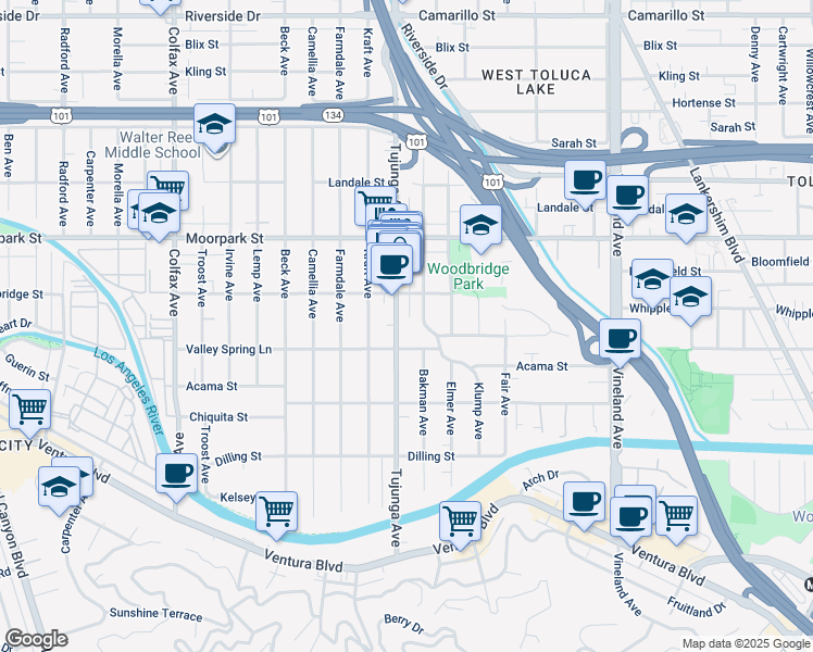 map of restaurants, bars, coffee shops, grocery stores, and more near 4286 Tujunga Avenue in Los Angeles