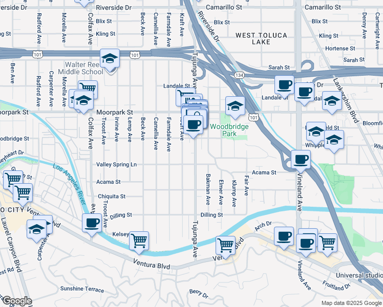 map of restaurants, bars, coffee shops, grocery stores, and more near 4300 Kraft Avenue in Los Angeles